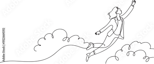 Continuous one line drawing businesswoman hang in the clouds. Hoping for success, financial freedom, winning business project, achievement concept. one line Icon drawing