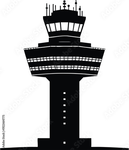 Silhouette of an airport control tower a modern aviation landmark for air traffic management and transportation concepts isolated on white isolated on white background