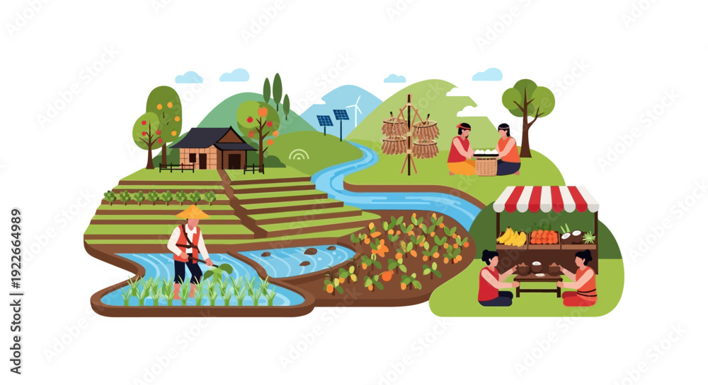 Obraz premium Sustainable Farming and Rural Life Vector Illustration. Asian Farmers Work Rice Paddies, Harvest Crops, and Sell Produce at Local Market Stand.