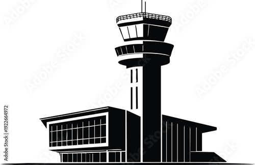Airport control tower building silhouette modern aviation architecture for air traffic management isolated on white vector illustration isolated on white background