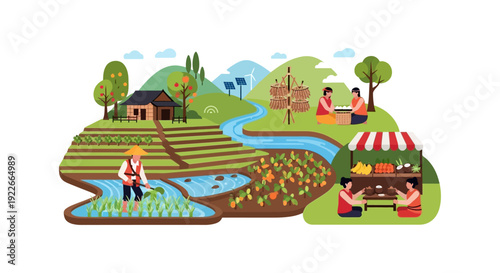 Sustainable Farming and Rural Life Vector Illustration. Asian Farmers Work Rice Paddies, Harvest Crops, and Sell Produce at Local Market Stand.