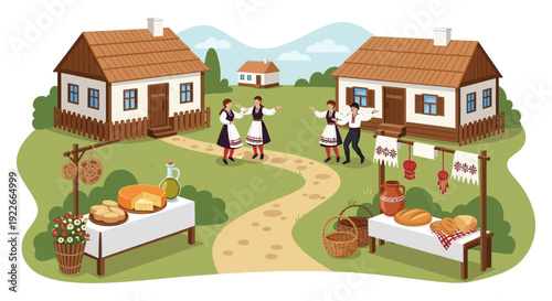 Slavic Village Festival Scene: Folk Dancers in Traditional Costumes, Rural Houses, and Market Stalls selling Bread, Cheese, and Handicrafts.