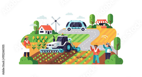 Smart Farming and Agribusiness Future. Automation in Agriculture: Autonomous Tractor, Renewable Energy, and Modern Farmers Harvesting Crops Illustration.