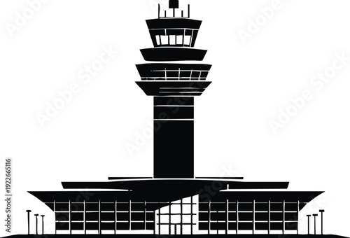 Modern airport control tower silhouette a sleek architectural illustration representing aviation and air traffic control perfect for travel and transport concepts isolated on white background