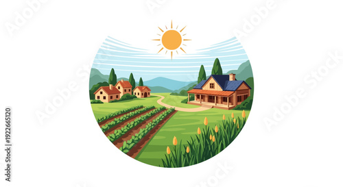 Idyllic Farmhouse and Agricultural Fields Vector Illustration. Rural Landscape with Crops, Sun, and Country Homes.