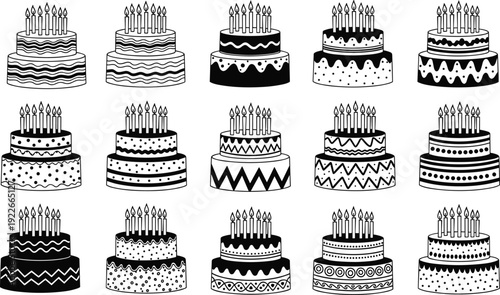 Birthday Cake Collection Vector Illustration with Candles and Decorative Patterns, Black and White Celebration Dessert Set Design