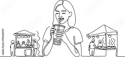 Continuous one line drawing young happy woman is drinking a plastic cup of bubble milk tea. one line Icon drawing