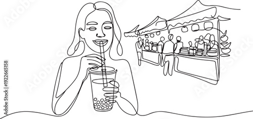 Continuous one line drawing young happy woman is drinking a plastic cup of bubble milk tea. Female enjoy bubble milk tea with street food in night market. one line Icon drawing