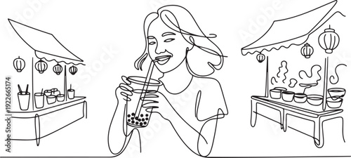 Continuous one line drawing young happy woman is drinking a plastic cup of bubble milk tea. Female enjoy bubble milk tea with street food in night market. one line Icon drawing