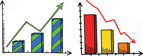 Two colorful bar graphs with arrows on isolated on transparent background