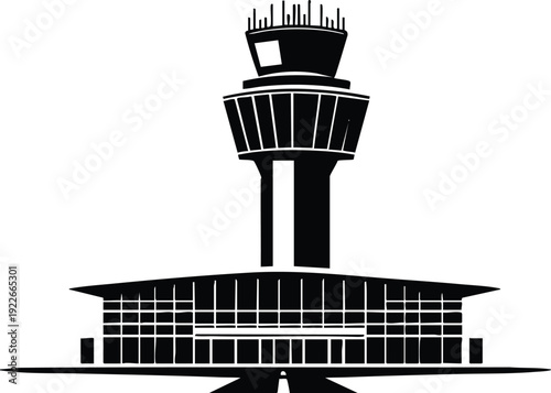 Black silhouette illustration of an airport control tower air traffic management isolated on a white background