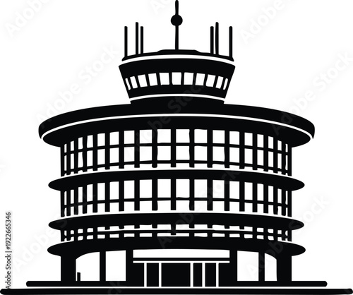 Black silhouette illustration of an airport control tower air traffic management isolated on a white background