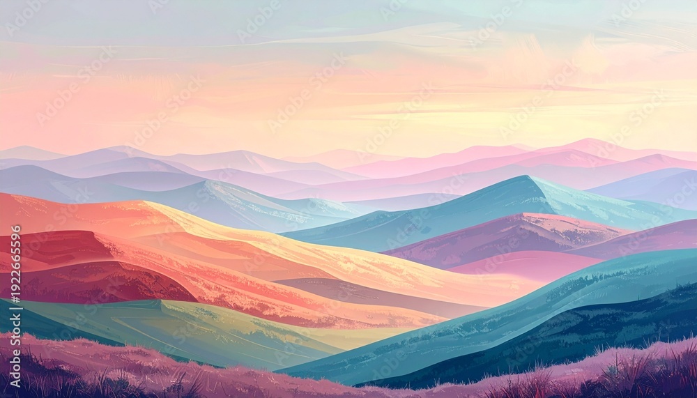 Obraz premium Vibrant sunrise landscape with colorful mountains and soft pastel sky