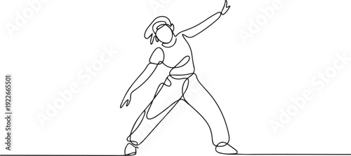 One single line drawing of young modern street dancer woman performing hip hop dance on the stage graphic vector illustration. one line Icon drawing