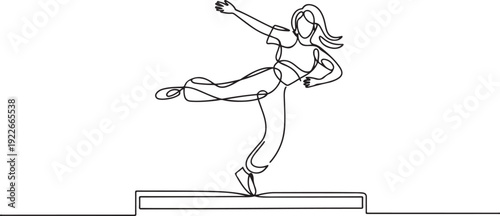 One single line drawing of young modern street dancer woman performing hip hop dance on the stage graphic vector illustration. one line Icon drawing