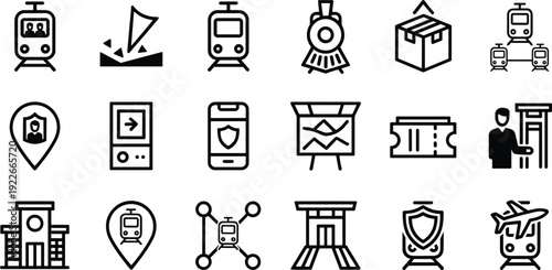 Collection of black and white transportation icons, railway, airplane, ticketing, navigation, security, infrastructure, and travel services symbols, vector illustration for transit, logistics, 