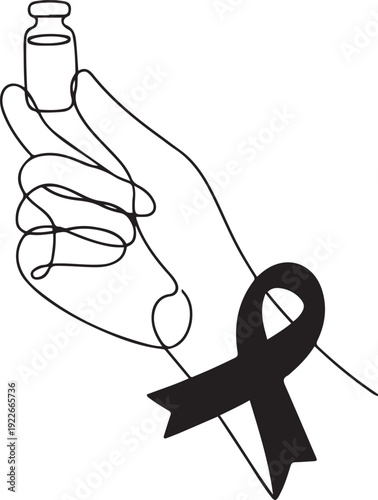 Single continuous line drawing hand holds medical glass vial or vaccine bottle with red ribbon on wrist. Vaccination. Treatment. National HIV Vaccine Awareness Day. one line Icon drawing