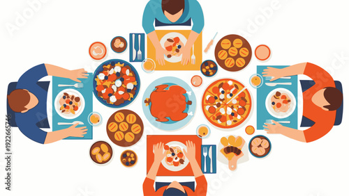 Overhead view of four people having dinner together, sitting around a table filled with various dishes and plates of food.