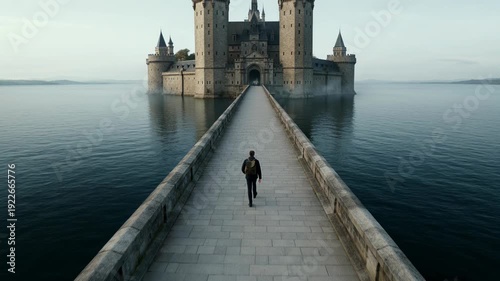 Man walking alone on stone bridge towards medieval castle - 4k video
