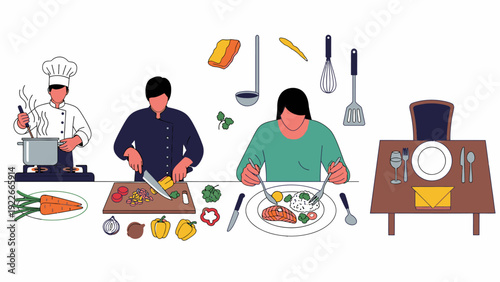 Illustration of people preparing and enjoying a dinner meal with various food items and utensils on a table.