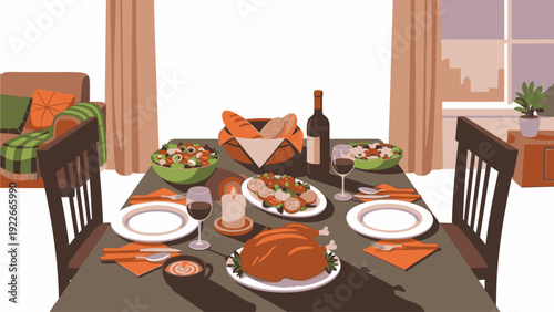 A warmly lit dining room table set for dinner with a roasted turkey, wine, and various side dishes in a cozy living room setting with a window.