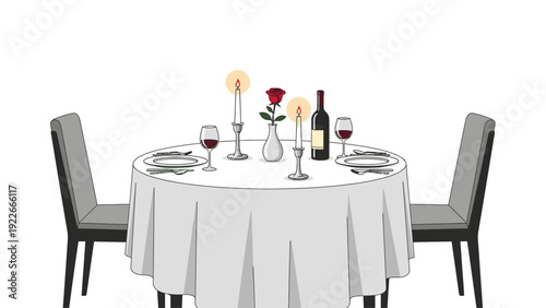 A romantic dinner setup for two with wine glasses and a red rose on a white tablecloth in a cozy indoor setting.