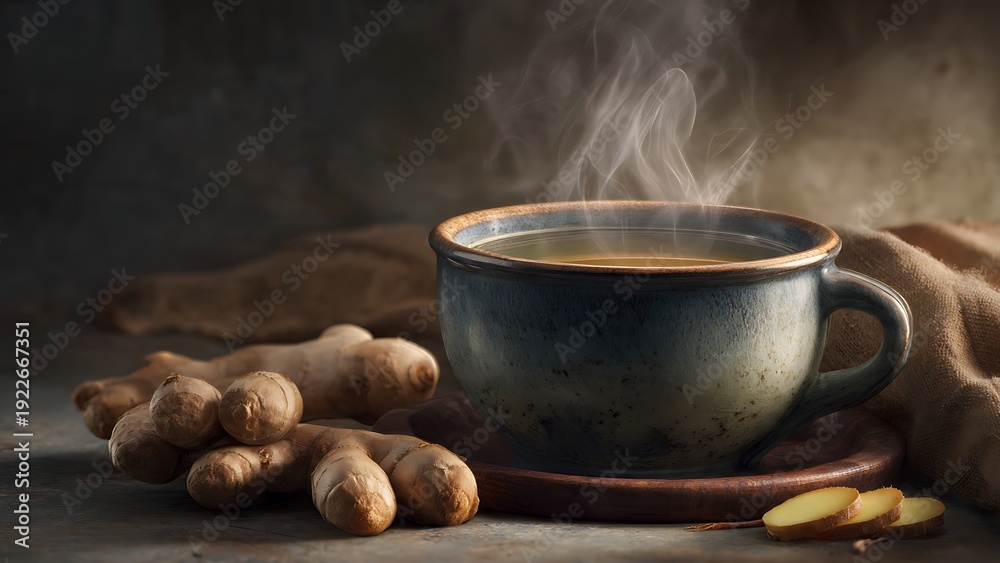 Fototapeta premium A gourmet chef in a professional kitchen prepares a hot meal on the stove while a steaming cup of coffee sits near a searing frying pan of meat