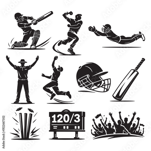 Cricket sports silhouettes collection, professional cricket player action poses and equipment icons, black vector graphics set for tournament branding and athletic design