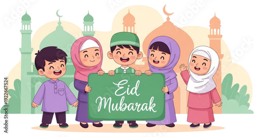 Happy muslim boys and girls celebrating Eid Al-Fitr, holding green signboard with handwritten style text, smiling faces, modest traditional clothing, pastel soft color tones, mosque dome architecture 