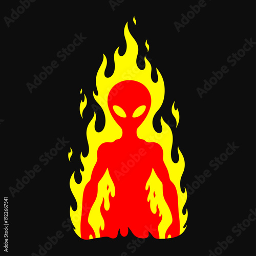 Flaming alien silhouette vector graphic on black background