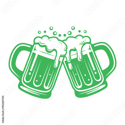 green beer mugs clinking for St. Patrick's Day celebration, flat cartoon vector illustration
