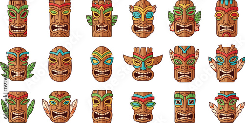 Colorful Tribal Tiki Mask Icon Set with Different Expressions, Wooden Ethnic Totem Faces Vector Illustration for Game Assets, Stickers, Emblems and UI Design.