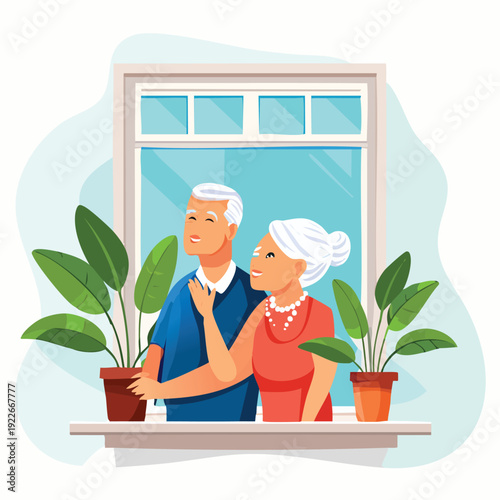 Elderly couple embraces looking out window with plants