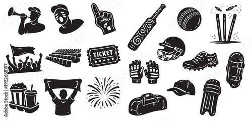 Cricket sports icons and fan silhouettes set featuring equipment and stadium gear for vector design