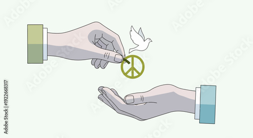 Hands exchanging peace symbol and dove of peace in a vector illustration
