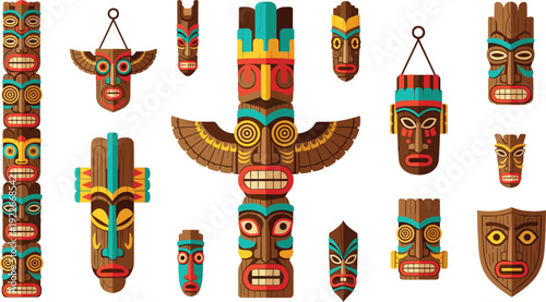 Colorful tribal tiki masks collection with totem faces and ethnic ornaments tropical island culture vector illustration set.
