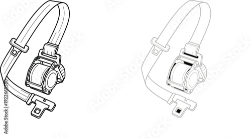 Seat belt safety illustration showing car restraint system in outline and transparent style, automotive protection concept for transportation security and driver safety