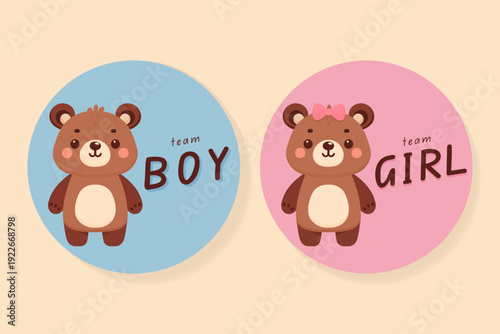 Gender reveal party stickers with team boy and girl teddy bears vector illustration.
