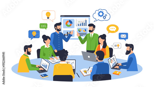 Illustration of a diverse team collaborating around a table with laptops and discussing data on a projector screen in a modern office setting with a professional and productive mood.