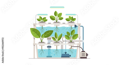 Hydroponic Vertical Farming System Illustration. Modern Indoor Agriculture Technology and Soilless Plant Growing Setup on White Background.
