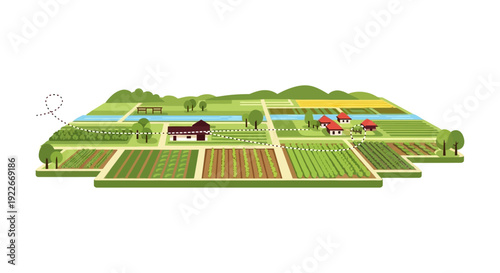 Isometric Smart Farm Map Layout with GPS Trace Path. Modern Agriculture and Rural Land Planning Vector Illustration on White Background.