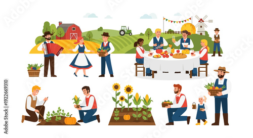 Farming and Harvest Celebration Set. Farmers Working, Planting Crops, Gathering Vegetables, and Celebrating the Autumn Festival.