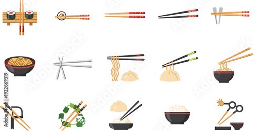 Chopsticks holding sushi noodles dumplings and rice bowls Asian cuisine dining elements flat vector illustration isolated set.