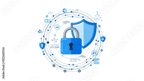 Flat lay of a blue padlock and shield icon surrounded by various security-related symbols and lines on a white background with a clean and modern style.