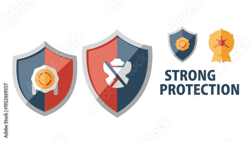 Graphic illustration of shield icons with security symbols and the words 'STRONG PROTECTION' on a white background.