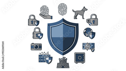 A blue shield surrounded by various security-related icons, including locks, a safe, and a dog, on a white background with a mix of dark and light blue tones.