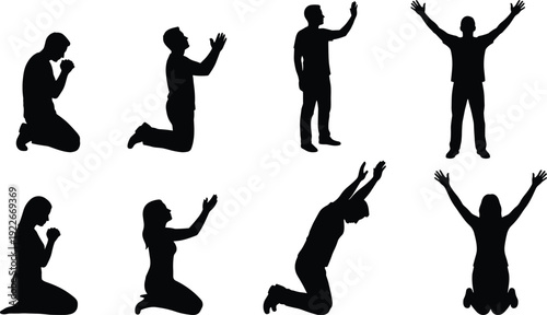 Prayer and Worship Silhouette Collection Featuring Kneeling People Raising Hands in Faith, Spiritual Devotion and Religious Praise Concept Illustration