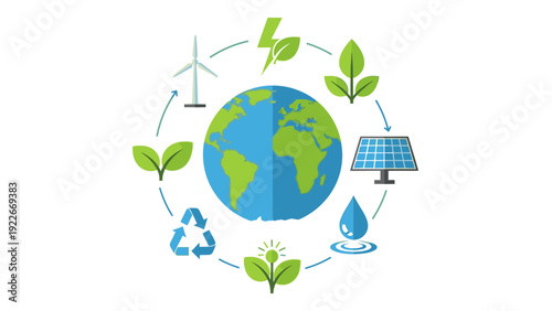 Flat illustration of Earth surrounded by eco-friendly icons like leaves, solar panel, wind turbine, water droplet, and recycling symbol on a white background with a green circular line.