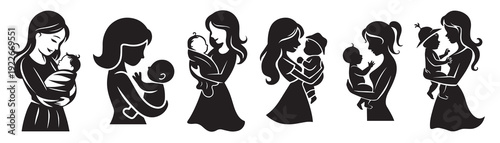 Mother Holding Her Baby Silhouette Vector Illustration