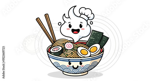 Cartoon ramen bowl with smiling chef and chopsticks on white background